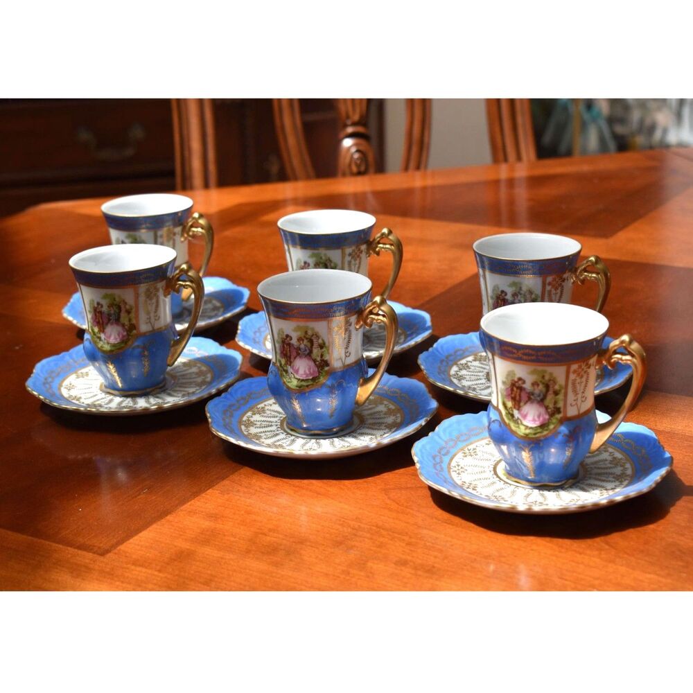 Set of 6 Saji Fine China Japan Courting Couple Demitasse Blue Gold Cup Saucer